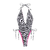 Traje de baño de una pieza con cuello en V, halter, contraste, sin espalda y con lazo